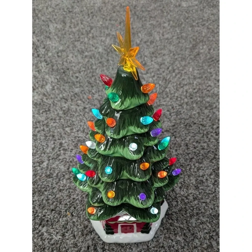 Ceramic Green Christmas Tree On House With LED Lighting Holiday Art Decor 18